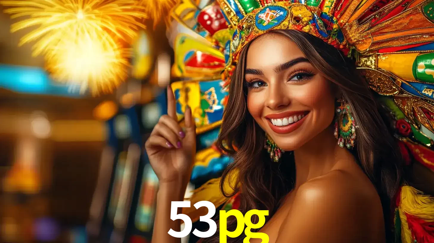 Mulher sorridente com um cocar de carnaval vibrante e colorido, celebrando uma grande vitória nos jogos do cassino 53pg com fogos de artifício ao fundo.