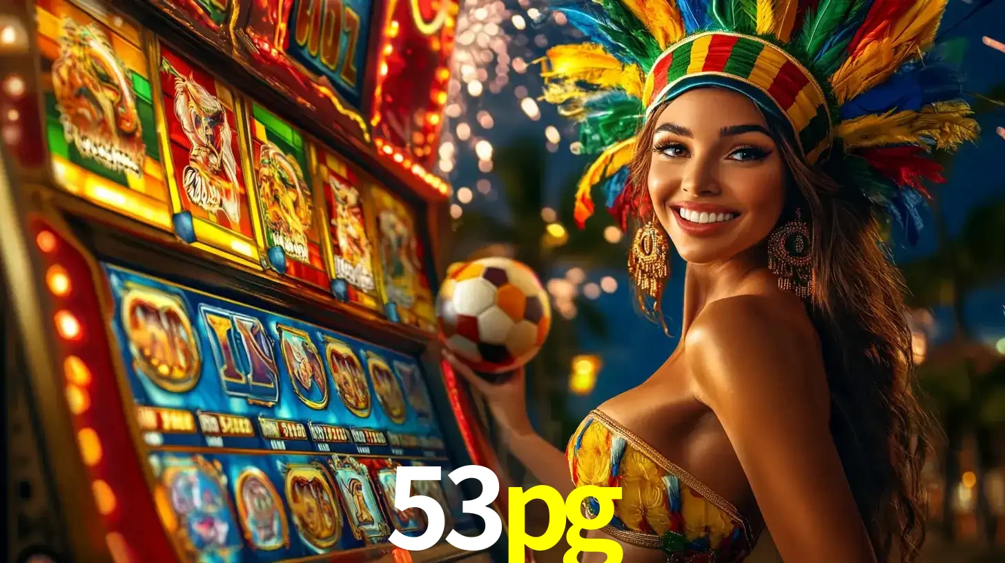 Mulher com um cocar de carnaval ao lado de uma máquina de caça-níqueis enquanto segura uma bola de futebol, mostrando a união da diversão de cassino e esportes no 53pg.