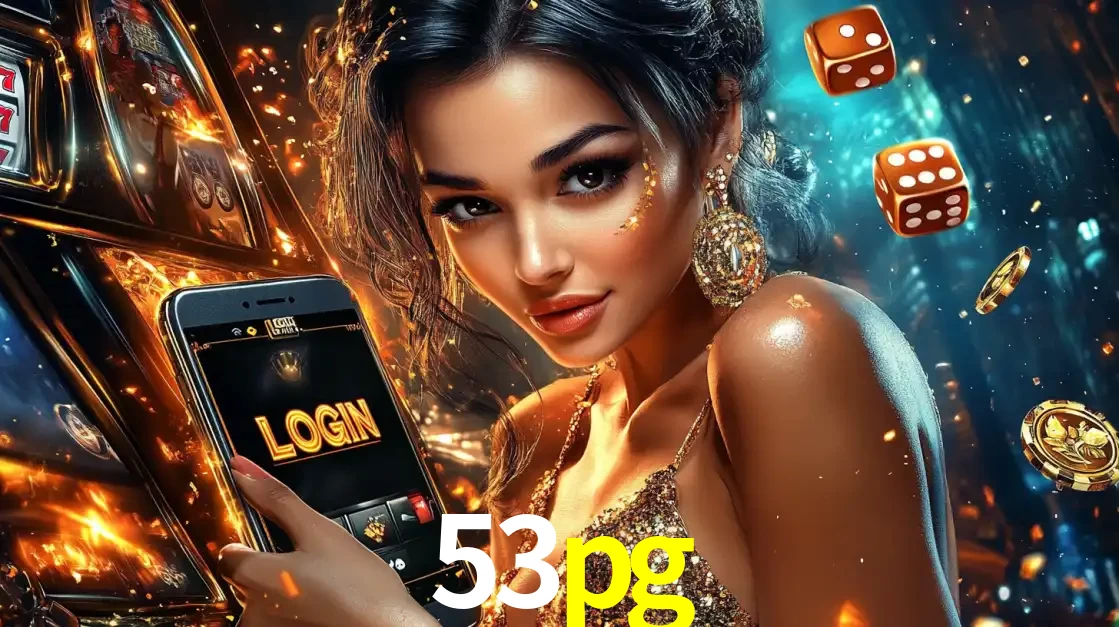 Mulher glamourosa segurando um celular com a tela de login do cassino 53pg, rodeada por dados e moedas douradas, pronta para começar a diversão.