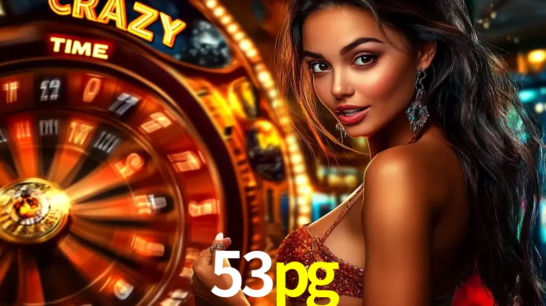 Mulher ao lado da roda de prêmios do jogo de cassino ao vivo Crazy Time, um dos shows de jogos mais emocionantes oferecidos pela plataforma de apostas 53pg.