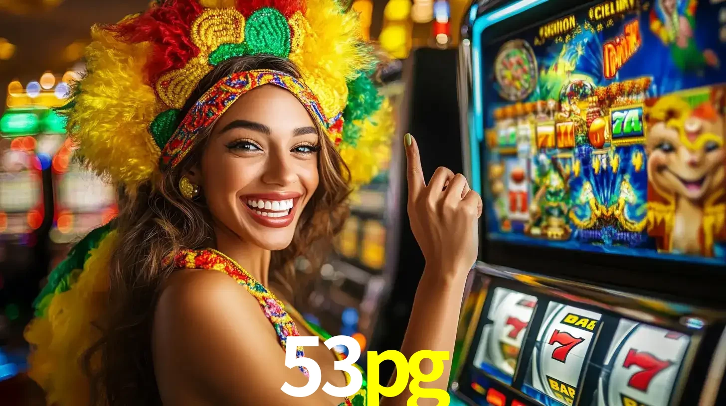 Mulher animada com um cocar de carnaval apontando para uma máquina de caça-níqueis, mostrando a emoção de ganhar um grande prêmio nos jogos do 53pg.