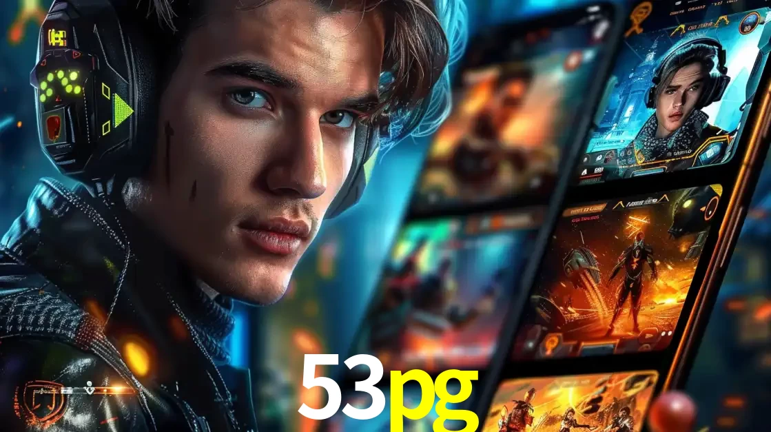 Jovem jogador com fones de ouvido olhando para a câmera, com um aplicativo de jogos e e-sports para celular ao fundo, pronto para a competição e apostas no 53pg.