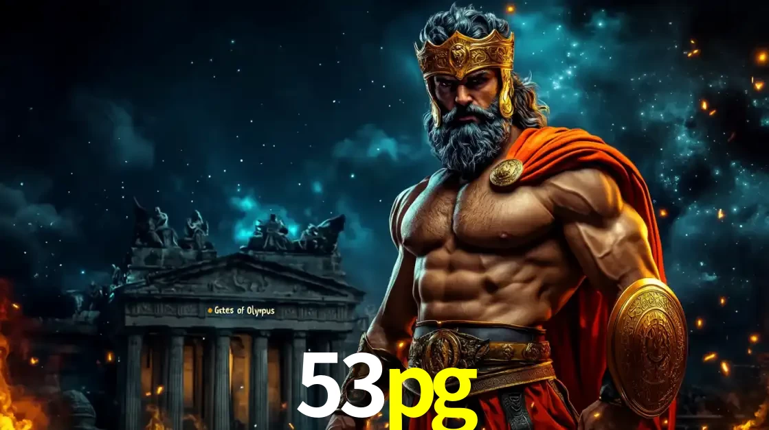 O poderoso Zeus do jogo de slot Gates of Olympus em frente ao seu templo, pronto para lançar multiplicadores divinos e prêmios épicos no cassino online 53pg.