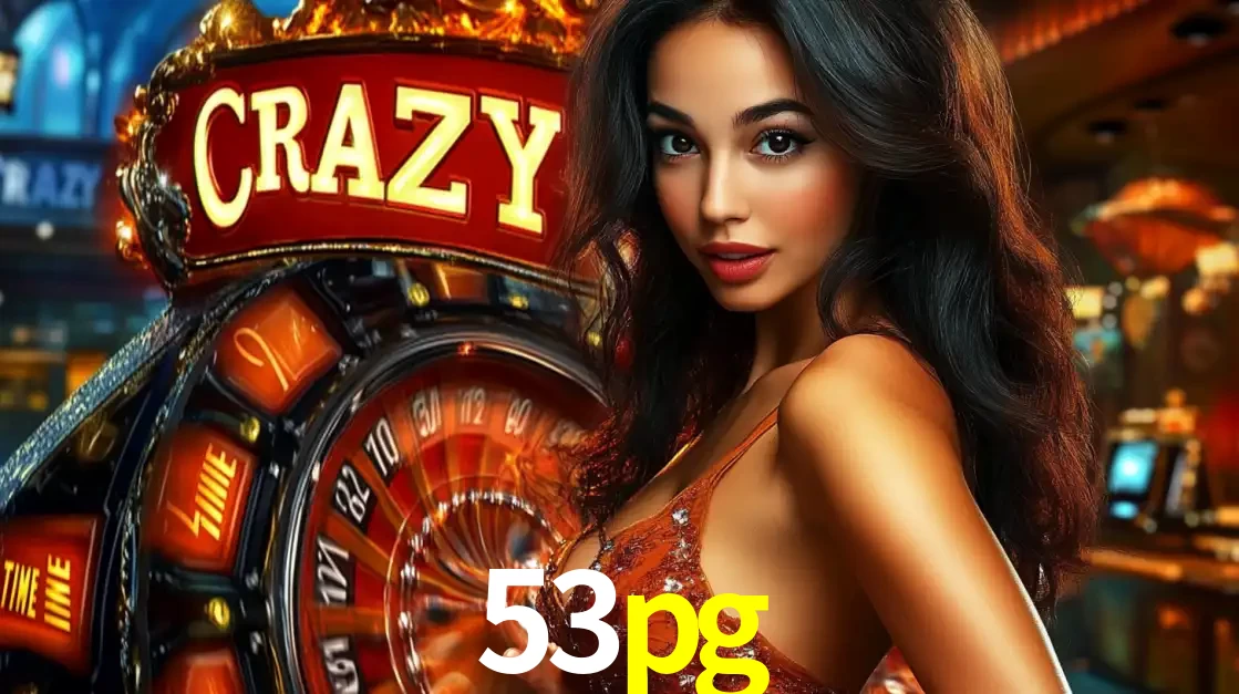 Mulher glamourosa olhando para a câmera com a roda vermelha do Crazy Time ao fundo em um ambiente de cassino, destacando a emoção dos jogos ao vivo no 53pg.