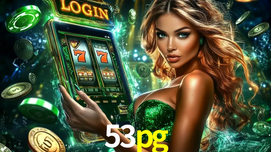 Mulher com tema verde apresentando o aplicativo do cassino 53pg com um jogo de slot de 777, cercada por fichas de cassino e uma aura de sorte.