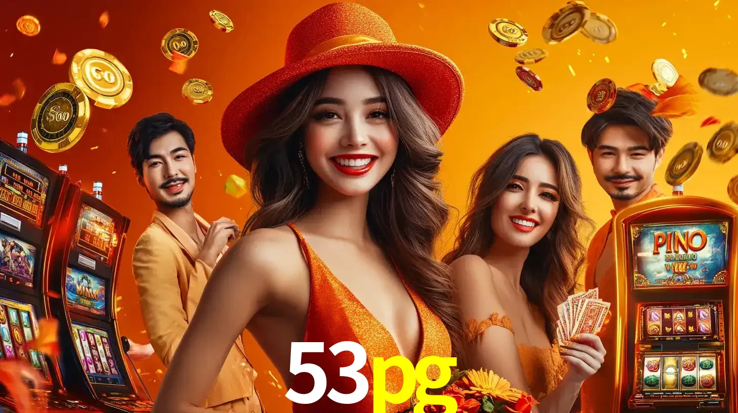 Grupo de amigos asiáticos sorrindo e se divertindo com máquinas de caça-níqueis em um ambiente festivo, celebrando suas vitórias nos jogos de cassino do 53pg.