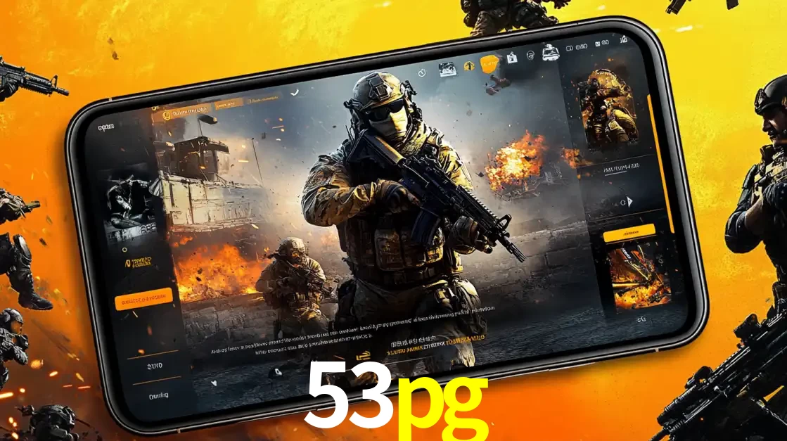Um smartphone exibindo a interface de um jogo de tiro em primeira pessoa, com um soldado em um cenário de batalha, representando a ação dos e-sports para apostar no 53pg.