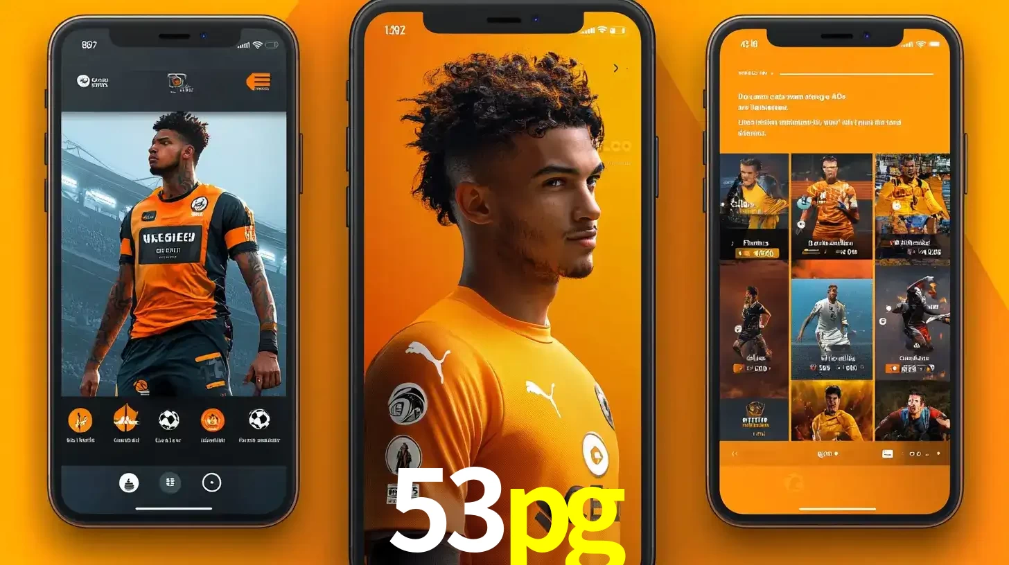 Interface do aplicativo de apostas esportivas 53pg em três telas de celular, mostrando o perfil de um jogador de futebol e a lista de jogos disponíveis para apostar.
