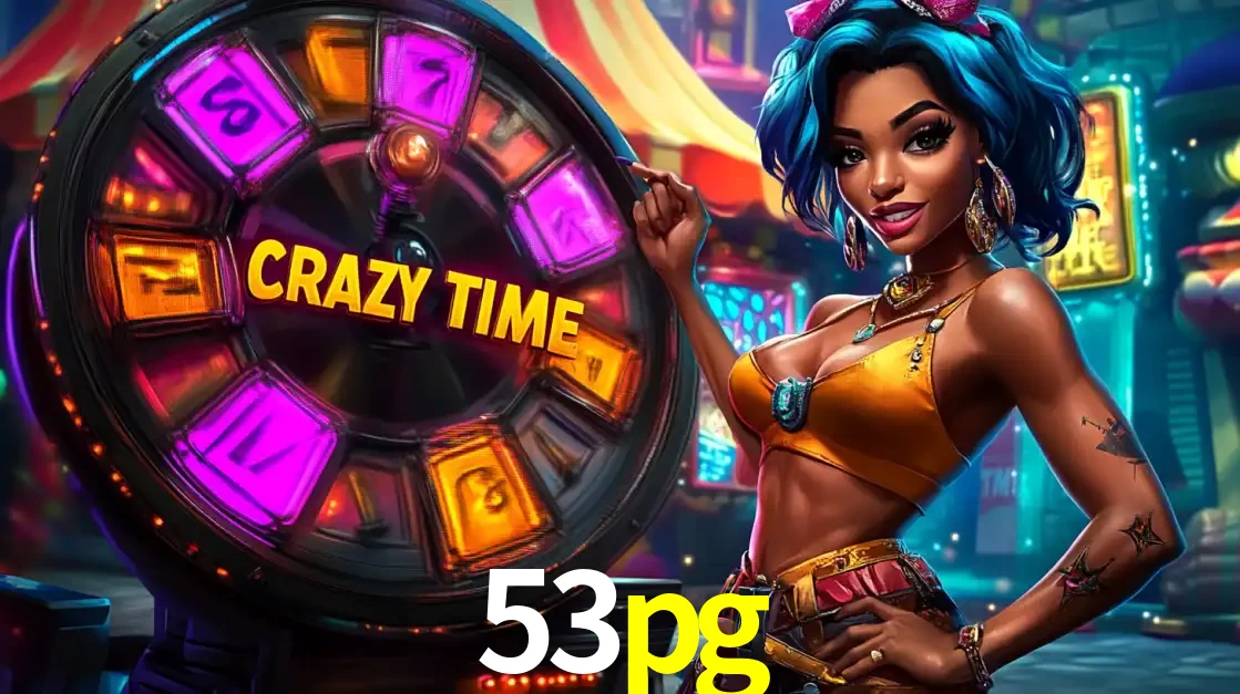 Mulher estilizada com cabelo azul e visual vibrante posando ao lado da roda de prêmios do game show Crazy Time, convidando para a diversão e os bônus do cassino 53pg.