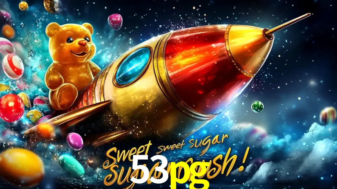 Arte promocional do jogo de slot Sugar Rush, com um urso de pelúcia em um foguete viajando pelo espaço de doces, um dos jogos divertidos disponíveis no cassino 53pg.