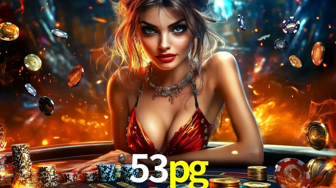Mulher em uma mesa de cassino com pilhas de fichas e um fundo de fogo, pronta para uma rodada de altas apostas nos jogos de mesa emocionantes do cassino 53pg.