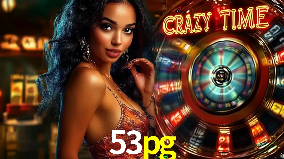 Mulher elegante ao lado da vibrante roda da fortuna do jogo de cassino ao vivo Crazy Time, um dos game shows mais populares e cheios de prêmios do 53pg.