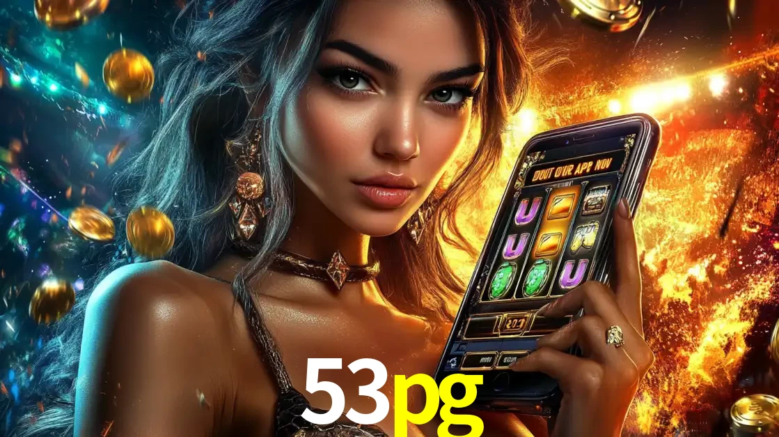 Mulher elegante mostrando um jogo de caça-níqueis em seu smartphone, destacando a experiência de cassino móvel oferecida pelo aplicativo 53pg.