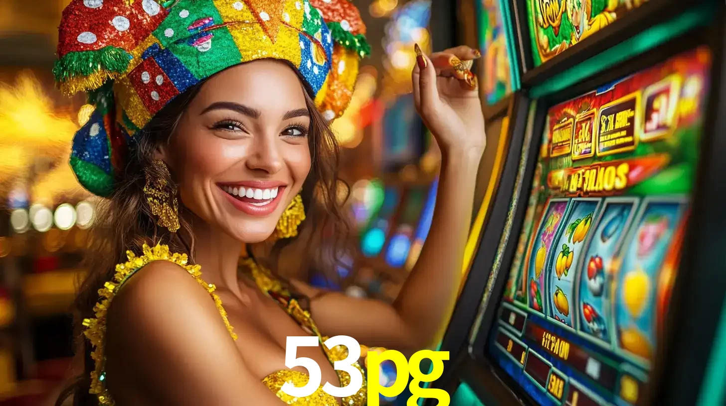 Mulher feliz com traje de carnaval amarelo e colorido ao lado de uma máquina de caça-níqueis, aproveitando a diversão e os jogos temáticos do cassino 53pg.