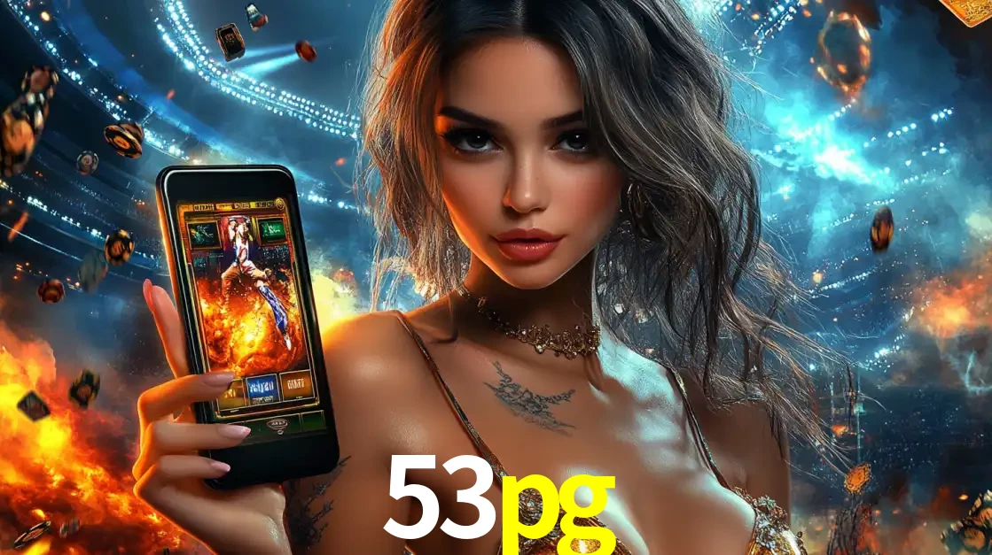 Mulher segurando um celular com um jogo de slot em destaque, tendo como fundo um estádio vibrante, simbolizando a emoção de jogar no cassino móvel 53pg.