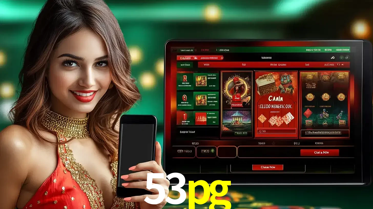 Mulher sorridente segurando um smartphone, ao lado de uma tela exibindo o lobby de jogos do cassino online 53pg, com várias opções de jogos de cartas e slots.